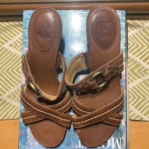 Frye Brown Leather Lynn Slide Sandals Size 7.5 Height 2 in.